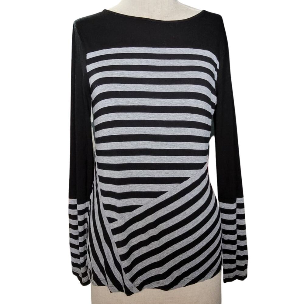 Vince Camuto Black and Gray Stripped Long Sleeve Top Size Small